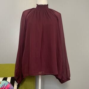 Joie Wine Red Smocked Neck Long Sleeve Blouse Top NEW XL